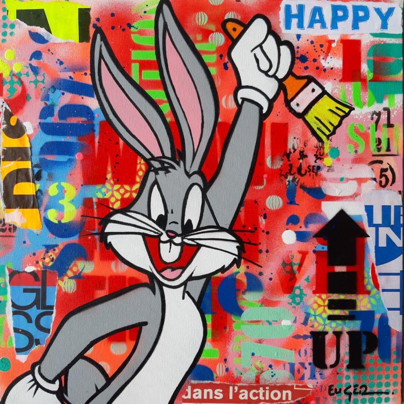 Gemälde HAPPY BUNNY von Euger Philippe | Gemälde Pop-Art Pop-Ikonen Graffiti Acryl Collage