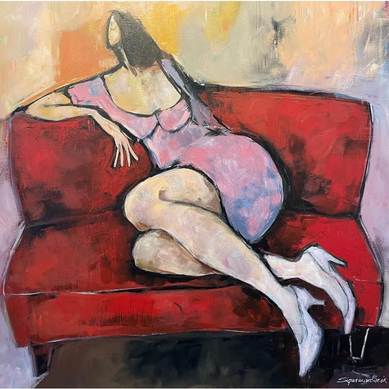 Peinture Penelope (femme sur canapé rouge)  par Signamarcheix Bernard | Tableau Figuratif Scènes de vie Carton Acrylique Encre