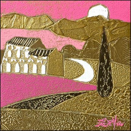 Painting 104. CAMPAGNE. Or et rose by Devie Bernard  | Painting Figurative Acrylic, Cardboard Landscapes