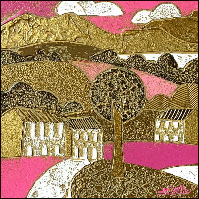 Painting  102. CAMPAGNE Or et rose by Devie Bernard  | Painting Figurative Subject matter Landscapes Cardboard Acrylic