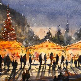 Peinture Weinachtsmengen par Jones Henry | Tableau Figuratif Aquarelle Paysages, Urbain