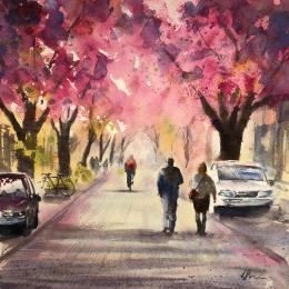 Peinture Promenade dans la rue par Jones Henry | Tableau Figuratif Aquarelle Paysages, Urbain