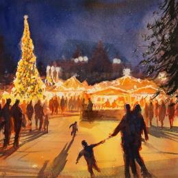 Peinture Weihnnachtsmarkt  par Jones Henry | Tableau Figuratif Aquarelle Paysages, Urbain