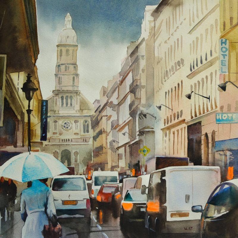 Peinture Paris 5 par Khodakivskyi Vasily | Tableau Figuratif Urbain Aquarelle