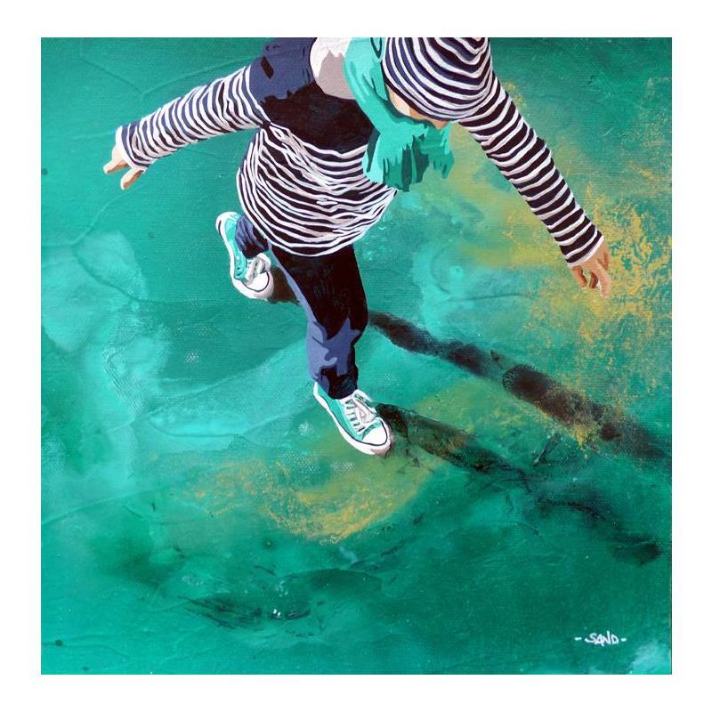 Peinture marche en marinière par Sand | Tableau Figuratif Marine Scènes de vie Acrylique