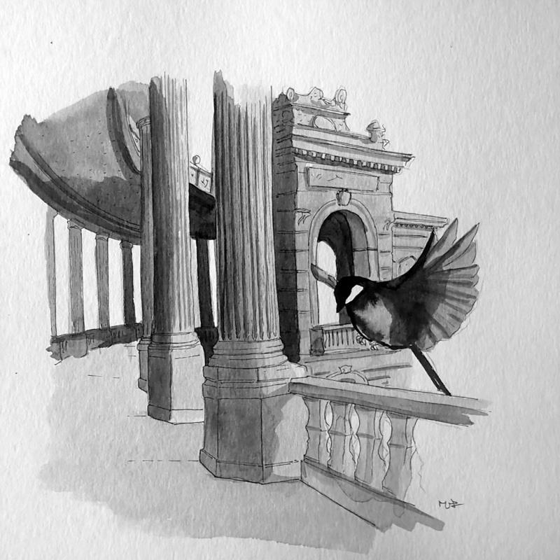 Peinture Longchamps par Mü | Tableau Figuratif Urbain Animaux Noir & blanc