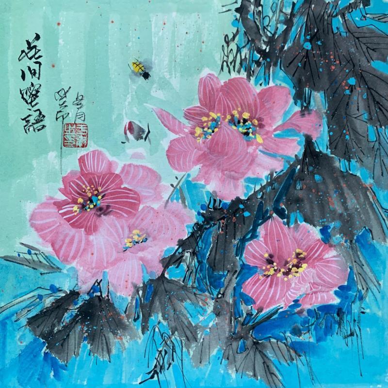 Peinture Bees talk in Flowers par Yu Huan Huan | Tableau Figuratif Animaux Natures mortes Aquarelle Encre