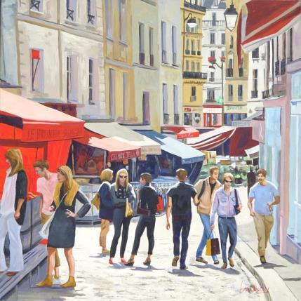 Peinture Au marché Mouffetard par Brooksby | Tableau Figuratif Huile scènes de vie, Urbain
