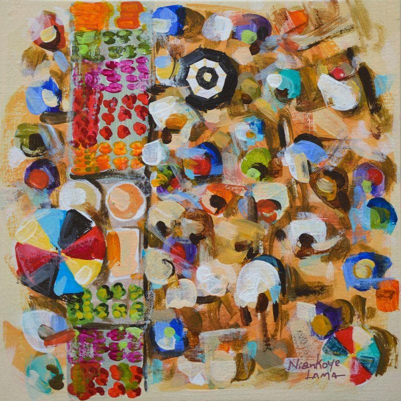 Peinture Place du marché par Lama Niankoye | Tableau Figuratif Scènes de vie Acrylique