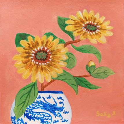 Painting Fleurs jaune dans un vase chinoiserie dragon by Sally B | Painting