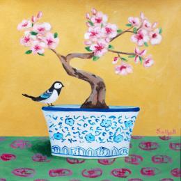 Peinture Oiseau et bonsai cerisier  par Sally B | Tableau Art Singulier Acrylique Enfant, Nature, Natures mortes