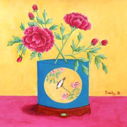 Peinture Pivoines dans un vase oiseau chinoiserie par Sally B | Tableau Art Singulier Acrylique Natures mortes