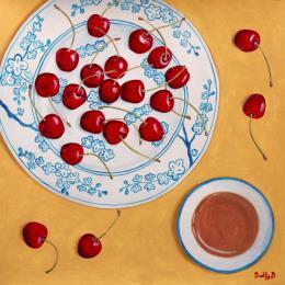 Peinture Cerises sur assiette avec une tasse de thé par Sally B | Tableau Art Singulier Acrylique Natures mortes
