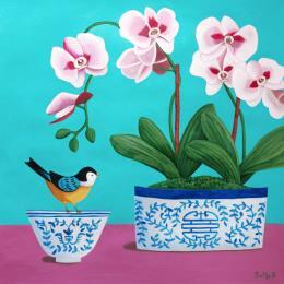 Peinture Oiseau avec orchidée chinoiserie par Sally B | Tableau Art Singulier Acrylique Animaux, Enfant, Natures mortes