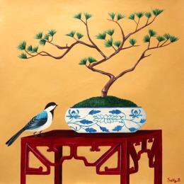 Peinture Oiseau avec bonsai sur une table chinoiserie par Sally B | Tableau Art Singulier Acrylique Animaux, Natures mortes