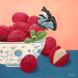 Peinture Papillon et litchi dans un bol par Sally B | Tableau Art Singulier Acrylique Natures mortes