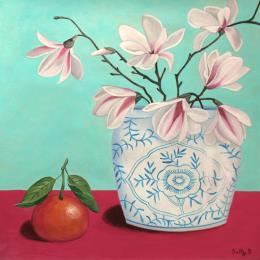 Peinture Mandarin et magnolia dans un vase par Sally B | Tableau Art Singulier Acrylique Natures mortes