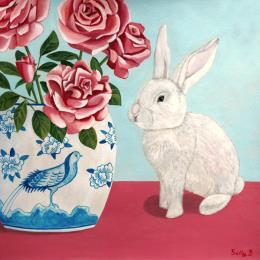 Painting Lapin avec roses dans un vase paon by Sally B | Painting Raw art Acrylic Animals, Child, Still-life
