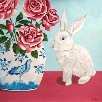Painting Lapin avec roses dans un vase paon by Sally B | Painting