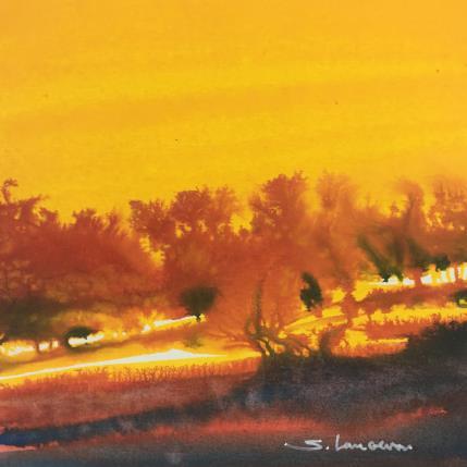 Painting Crépuscule rouge by Langeron Stéphane | Painting Figurative Watercolor Landscapes