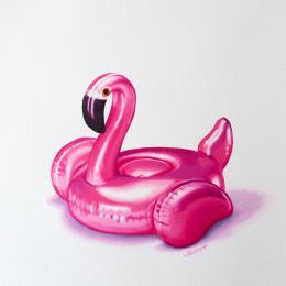 Painting Inflated Flamingo l by Bisoux Morgan | Painting Figurative Oil Animals, Still-life