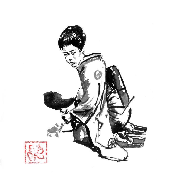 Gemälde Geisha picking up von Péchane | Gemälde Figurativ Tinte