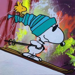 Painting SNOOPY GOING DOWN by Mestres Sergi | Painting Pop-art Cardboard, Graffiti Pop icons