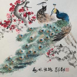 Painting Peacock  by Yu Huan Huan | Painting Figurative Ink Animals, Still-life