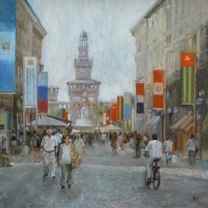 Painting Central street of Milan by Lokotska Katie | Painting Figurative Oil Urban