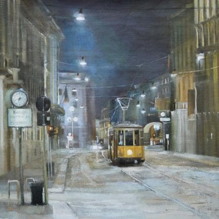 Painting Night tram by Lokotska Katie | Painting Figurative Oil Urban