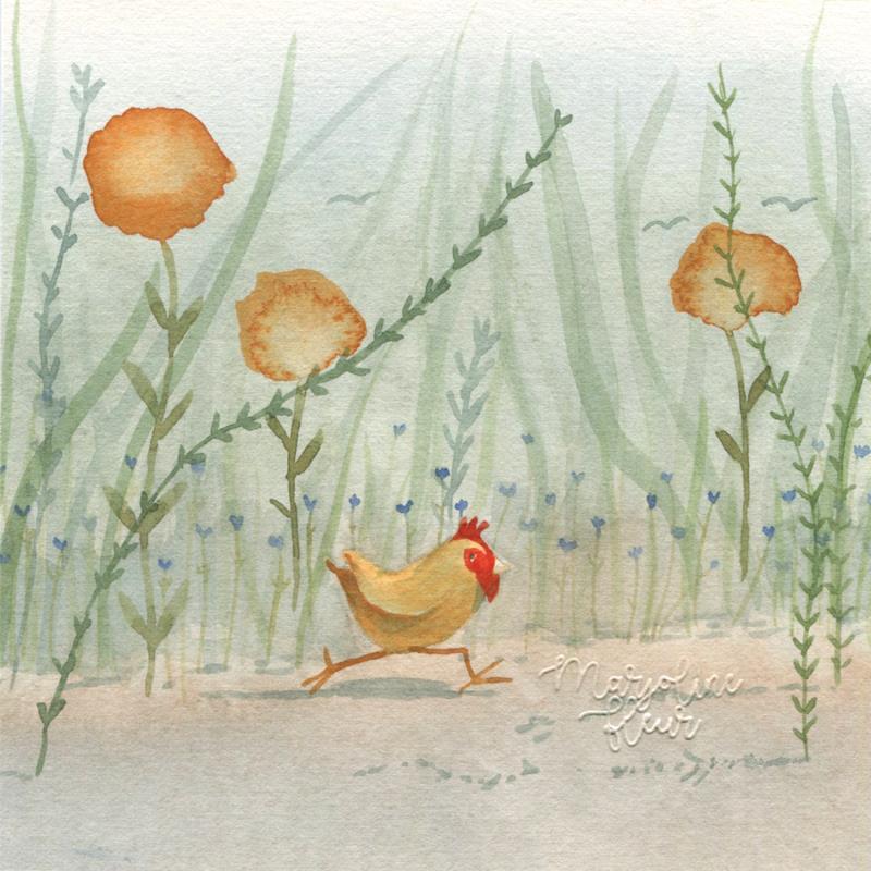 Gemälde Petite poule des prés von Marjoline Fleur | Gemälde Figurativ Landschaften Tiere Aquarell