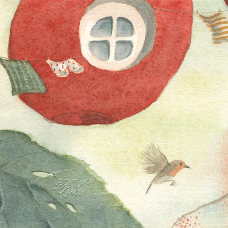 Painting Pomme et Rouge-gorge by Marjoline Fleur | Painting Figurative Landscapes Animals Watercolor