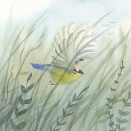 Peinture L'enfant masqué et la mésange par Marjoline Fleur | Tableau Figuratif Aquarelle Animaux, Paysages, Scènes de vie