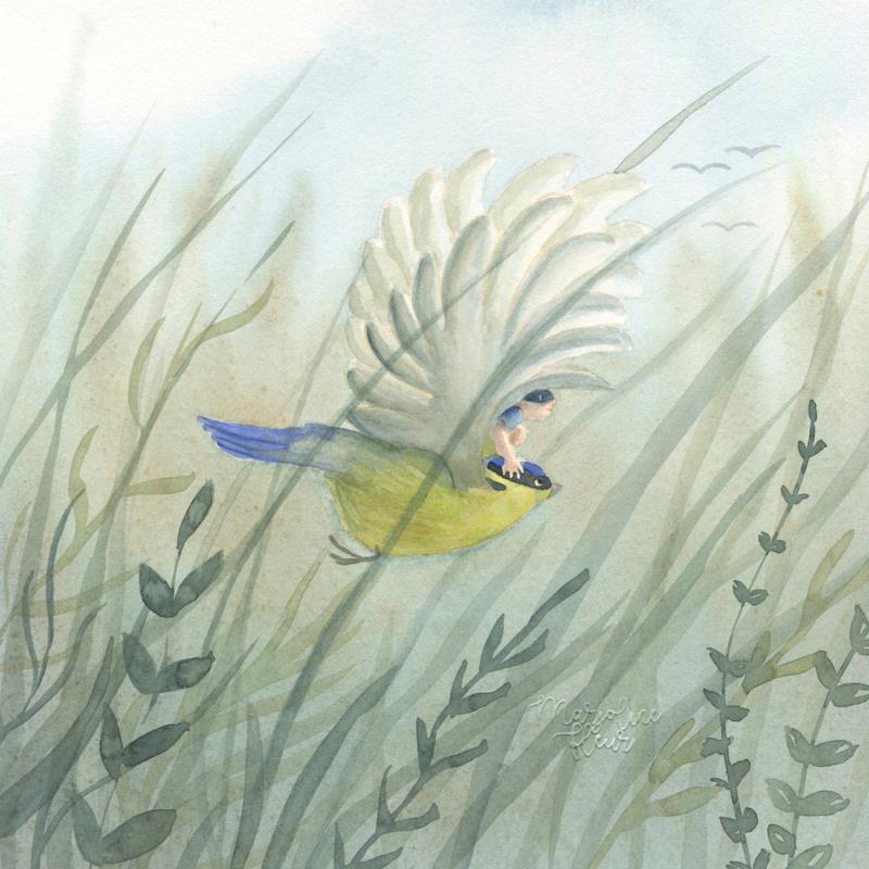 Painting L'enfant masqué et la mésange by Marjoline Fleur | Painting Figurative Landscapes Life style Animals Watercolor