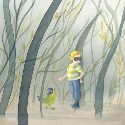 Painting Le copain de la mésange by Marjoline Fleur | Painting Figurative Watercolor Animals, Landscapes, Life style, Pop icons