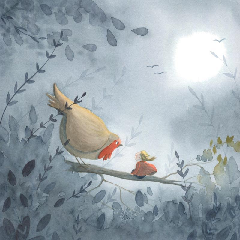 Peinture L'oiseau et l'enfant de la pleine lune par Marjoline Fleur | Tableau Figuratif Paysages Scènes de vie Animaux Aquarelle