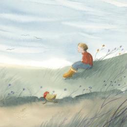 Painting Fillette et poulette dans les champs by Marjoline Fleur | Painting Figurative Watercolor Animals, Landscapes, Life style