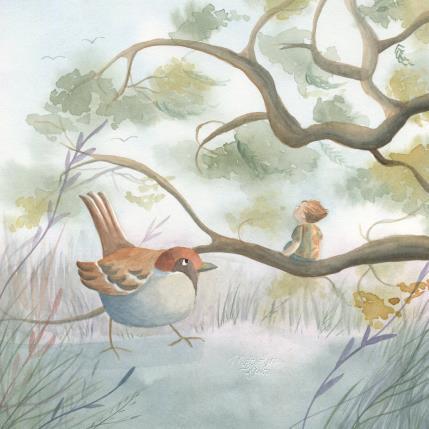 Peinture L'enfant et le moineau géant par Marjoline Fleur | Tableau Figuratif Aquarelle Animaux, Enfant, Nature