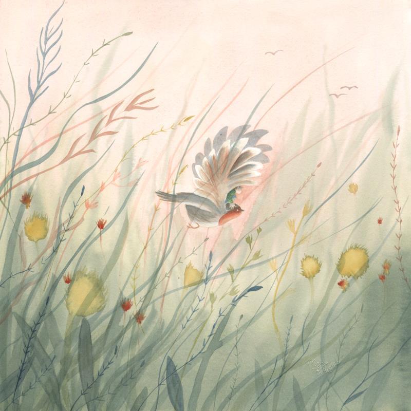 Painting Vol à dos de rouge-gorge by Marjoline Fleur | Painting Figurative Landscapes Animals Watercolor