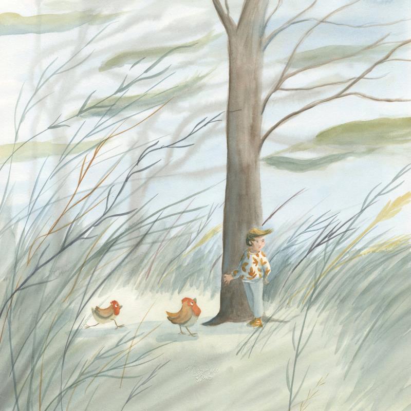 Peinture la fillette et les deux poulettes par Marjoline Fleur | Tableau Figuratif Nature Animaux Enfant Aquarelle