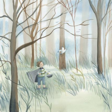 Gemälde Le magicien de la forêt von Marjoline Fleur | Gemälde Figurativ Aquarell Kinder, Landschaften, Natur