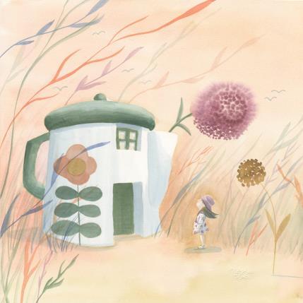 Painting Maison verte et fleurs by Marjoline Fleur | Painting Figurative Watercolor Child, Landscapes, Nature