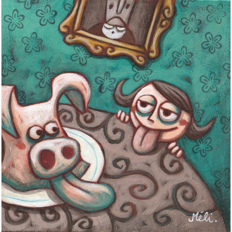 Gemälde Langue de cochon von Catoni Melina | Gemälde Naive Kunst Porträt Alltagsszenen Tiere Pappe Acryl