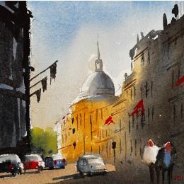 Peinture City Walk 1 par Min Jan | Tableau Figuratif Aquarelle Urbain