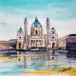 Peinture Karlskirche par Hoffmann Elisabeth | Tableau Figuratif Aquarelle Urbain
