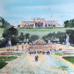 Gemälde Gloriette von Hoffmann Elisabeth | Gemälde Figurativ Aquarell Pop-Ikonen, Urban