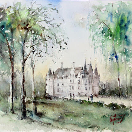 Gemälde Visite du Chateau d'Azay Le Rideau von Gutierrez | Gemälde Impressionismus Aquarell Landschaften