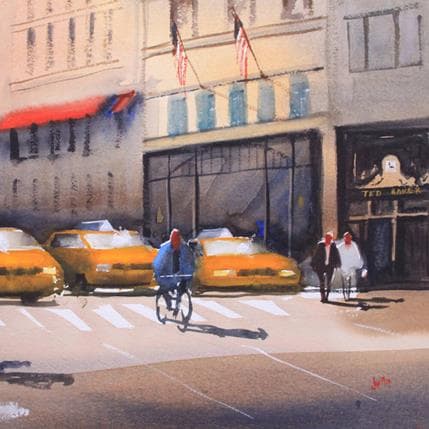Painting New York yellow CABS by Min Jan | Painting Figurative Watercolor Urban