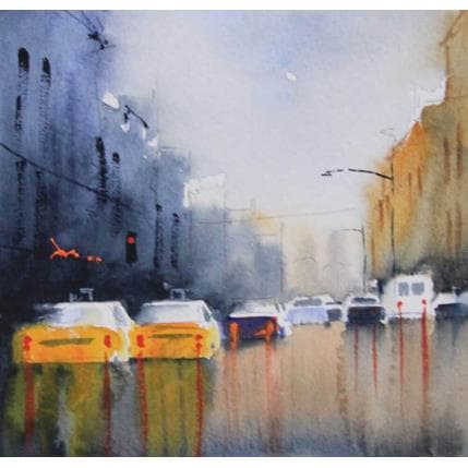 Painting yellow cabs by Min Jan | Painting Figurative Watercolor Urban