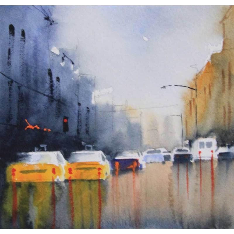 Painting yellow cabs by Min Jan | Painting Figurative Urban Watercolor